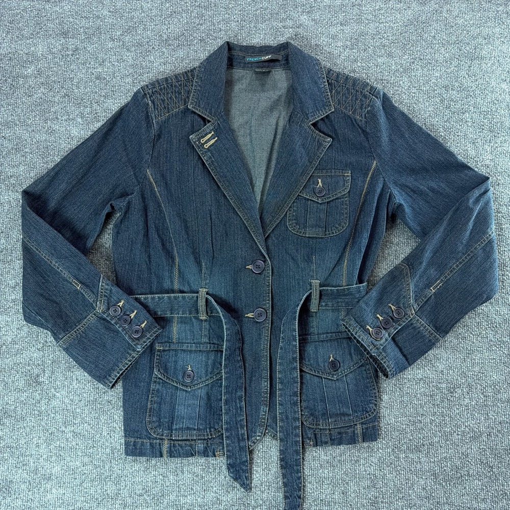 French Cuff Womens XL Denim Utility Jacket Dark Wash Belted Safari Fall Western